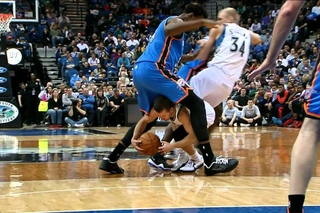Barea falls between Thabeet’s legs!