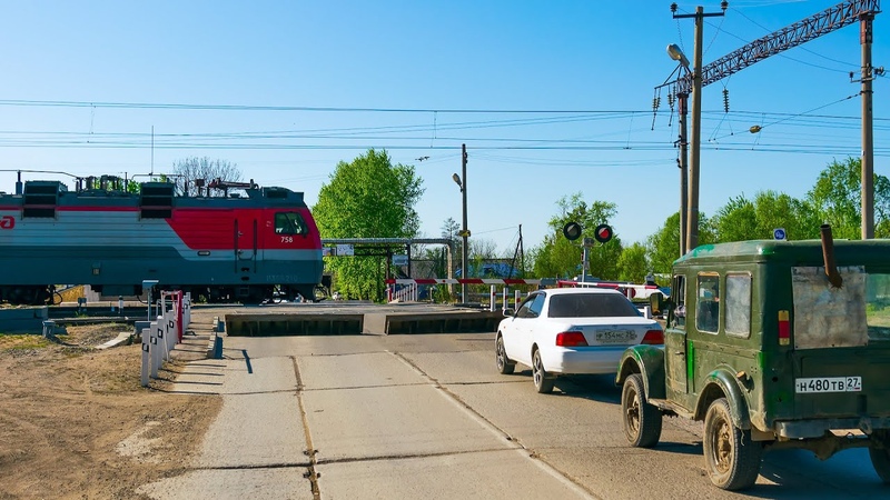 Rail Way. Russian Railway Crossing. Double Freight Train RZD, Сдвоенный грузовой