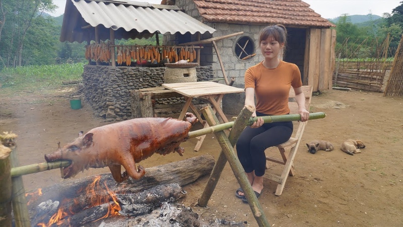 Roast Whole BIG SPICY PIG 30 KG with 4 Bamboo BBQ Spicy Foods Farm Life, Free