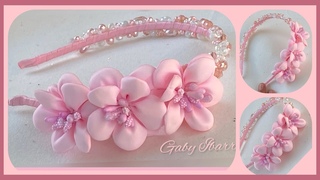 DIADEMA DE PERLAS,CRISTALES, Y FLORES DE LISTÓN /DIY FLOWERS RIBBON