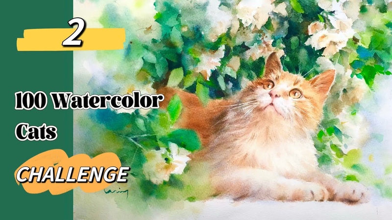2, 100 watercolor cats challenge, how to paint ginger cat step by step demo for advenced